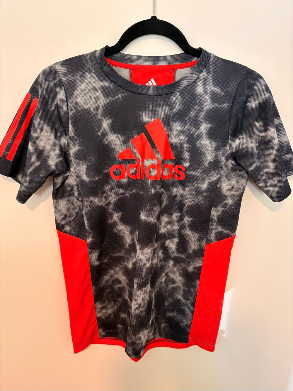 adidas Black Tie-Dye Short Sleeve Tee with Red Accents